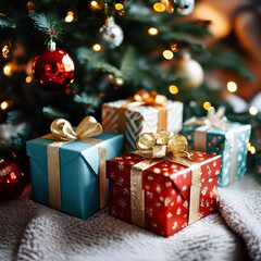 Fototapeta na wymiar Christmas gifts under the Christmas tree. Selective focus. Holiday.