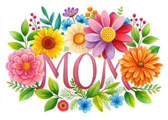 Mother's Day greeting card with flowers and leaves. Vector illustration.