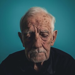 Thoughtful elderly man with round glasses, a white beard, and a gaze full of stories, set against a calming blue background.