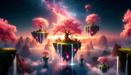 Surreal Cherry Blossom Islands at Dusk with Cascading Waterfalls and Cosmic Energy Crystals - Fantasy Environment, Peaceful Background, Sci-Fi Art, Dreamy Landscape, Visionary Poster