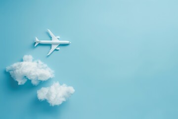 Fototapeta na wymiar Model airplane with clouds on blue background.