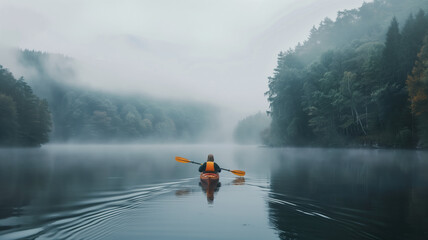 Person kayaking on serene foggy lake surrounded by forested hills