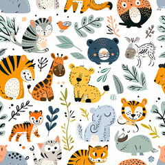 Abstract Doodles Baby Animals Pattern Fabric Pattern doodle Zoo Playful Baby Animals Pattern