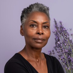 Elegant middle-aged Black woman with gray curls, contemplative gaze, in a lavender field at dusk, reflecting serenity and grace.