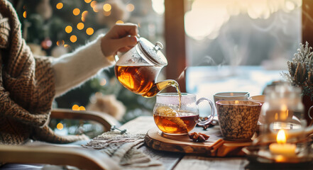 Person in sweater pouring tea with Christmas lights background