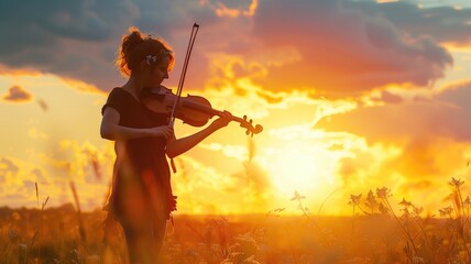Woman playing violin at sunset in field