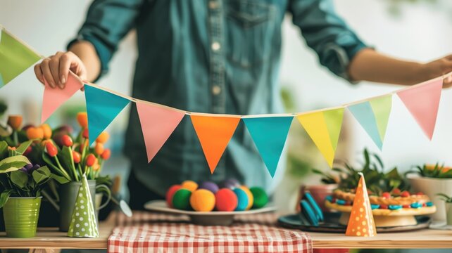 Person decorating for celebration with colorful bunting and festive table setting