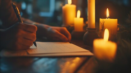 Person writing on paper by candlelight, warm atmosphere