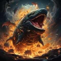 A giant sea monster is attacking a fleet of ships. The monster is blue and has a large mouth full of sharp teeth. The ships are made of wood and are on fire. The battle is taking place in a stormy sea