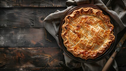 Golden-brown baked pie in black dish on wooden surface with cloth