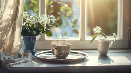 Fototapeta na wymiar Morning tea by sunny window with flowering plants