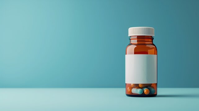 Orange pill bottle with blank label on blue background