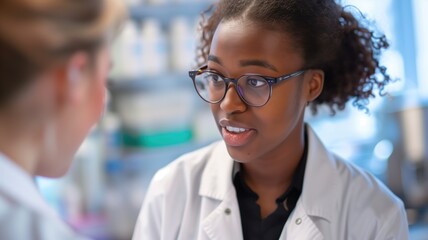 Female scientist with glasses engaged in conversation