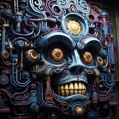 A steampunk robot face made of cogs and wires