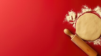 Dough on red background with rolling pin and scattered flour