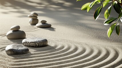 Fototapeta na wymiar Zen garden with stacked stones and raked sand patterns