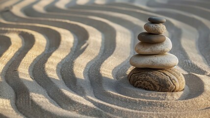 Fototapeta na wymiar Stack of smooth stones balanced on sand background with wavy patterns