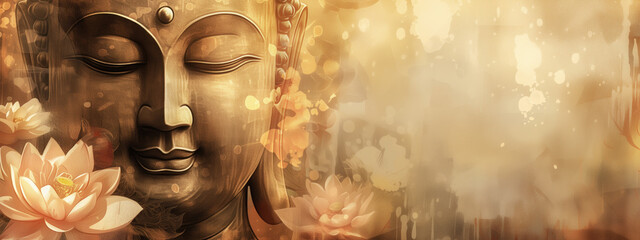 Buddha's face close-up with pink lotuses. Buddha's birthday holiday. Buddhism concept. Template for design in pastel colors. Banner with place for text - obrazy, fototapety, plakaty
