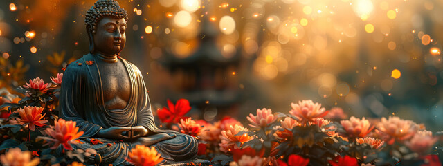 Buddha meditating in the lotus position among blooming pink lotus flowers. Natural wide landscape with bokeh. Buddha's birthday holiday. Template for design. Banner with place for text - obrazy, fototapety, plakaty