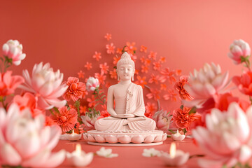 Buddha meditates in Lotus position on pink floral background, with pink lotus flowers in foreground. White plaster figurine. Buddha's birthday holiday. Buddhism concept
