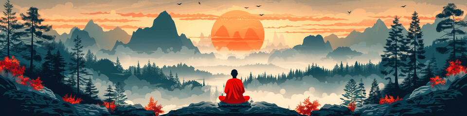 Buddha meditates in lotus position against background sun, rear view. Wide landscape view. Holiday Buddha's Birthday. Buddhism concept. Banner with place for text - obrazy, fototapety, plakaty