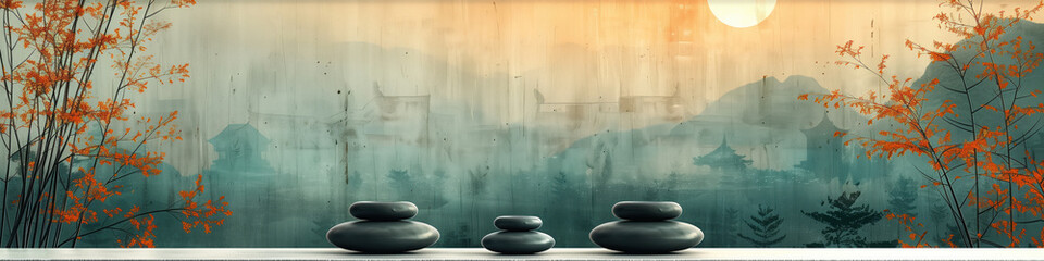 Buddhism concept. Pebbles lie one on top of other against backdrop of natural landscape: mountain village in the fog dawn. Template for design. Banner with place for text - obrazy, fototapety, plakaty
