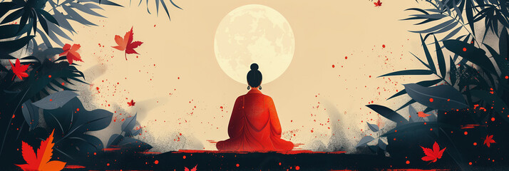 Buddha meditates in lotus position against background sun, rear view. Wide landscape view. Holiday Buddha's Birthday. Buddhism concept. Banner with place for text - obrazy, fototapety, plakaty