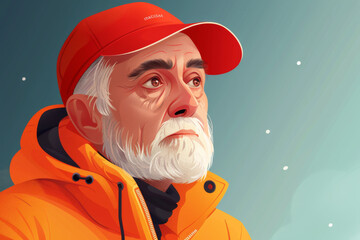 Illustration of an older man in an orange jacket and red cap looking thoughtful.