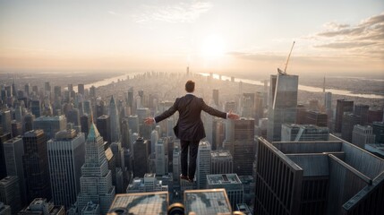 Fototapeta na wymiar Businessman standing on the top of a skyscraper and looking at the city