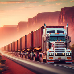 Massive Multi-Trailer Tractor-Trailer Road-Train Semitruck Freight Traversing Traveling Red Dirt Rural Australian Outback Spacious Highway Empty Long Road Countryside Long Vehicle Semi Truck Road Trip - obrazy, fototapety, plakaty