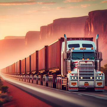 Massive Multi-Trailer Tractor-Trailer Road-Train Semitruck Freight Traversing Traveling Red Dirt Rural Australian Outback Spacious Highway Empty Long Road Countryside Long Vehicle Semi Truck Road Trip
