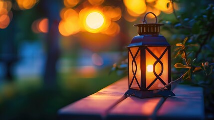 Fototapeta na wymiar Illuminated lantern on wooden surface at twilight with bokeh background