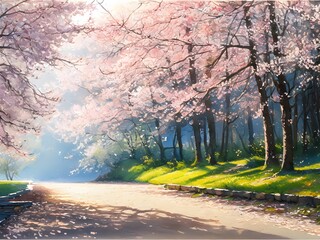 桜の咲く公園の遊歩道