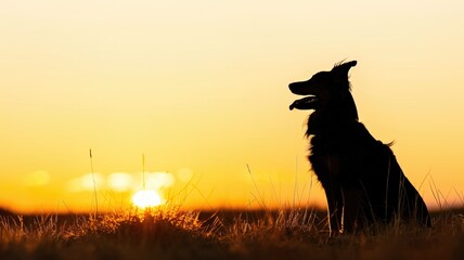 Silhouette of dog sitting in field at sunset