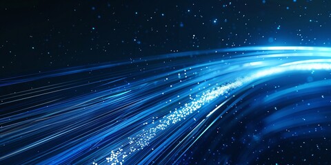 Digital Blue Light Fibers Accelerating.  Dynamic blue optical fibers emitting light, representing high-speed data transfer and connectivity. - obrazy, fototapety, plakaty