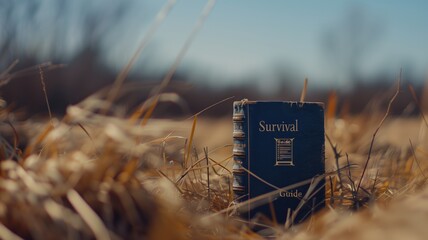 Survival guide book in grassy field with blurred background