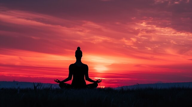Silhouette of person meditating in lotus position at sunset with vibrant red sky
