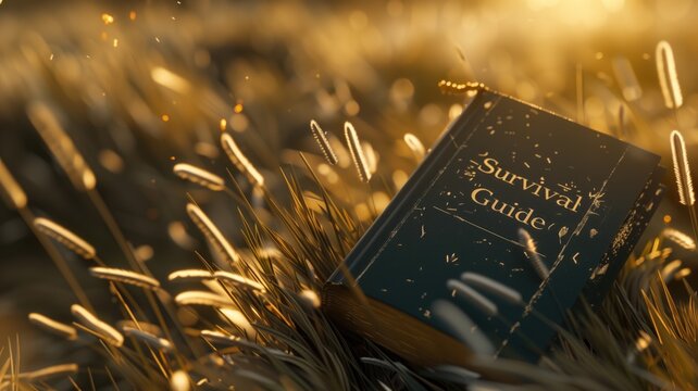 Survival guide book amidst glowing grass with flying sparks