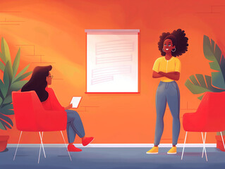 Two illustrated characters inside a warm-colored room, one standing and one seated with a laptop.