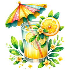 Naklejka premium Summer Lemonade Stand and Festive Decorations Clipart, This collection features summer-inspired lemonade stand clipart with vibrant decorations, refreshing drinks, and citrus-themed cakes