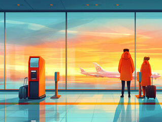 Two people in an airport terminal looking at planes on the runway during sunrise.