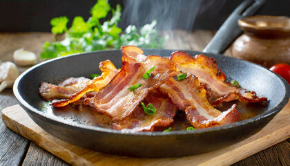 Fatty, crispy, golden fried bacon in the frying pan, steamy.