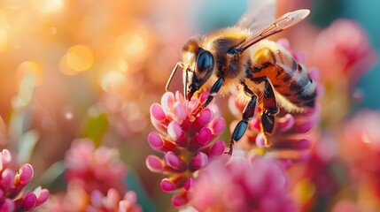 Close up of macro bee on pink flower. in colorful floral garden. Concept of World Bee Day, beautiful insect and flower nature wallpaper illustration background. - obrazy, fototapety, plakaty