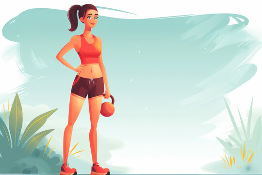 Illustration of a fit woman holding a basketball, standing in sportswear with plants in the background.