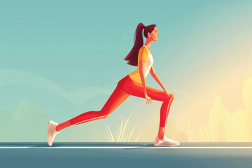 Illustration of a woman stretching before a run during a sunny day. - obrazy, fototapety, plakaty