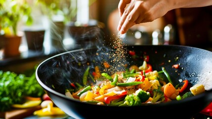 Hands sprinkling spices over a sizzling mix of vegetables in a wok, the simple joy of cooking a vegetarian stir fry. - obrazy, fototapety, plakaty