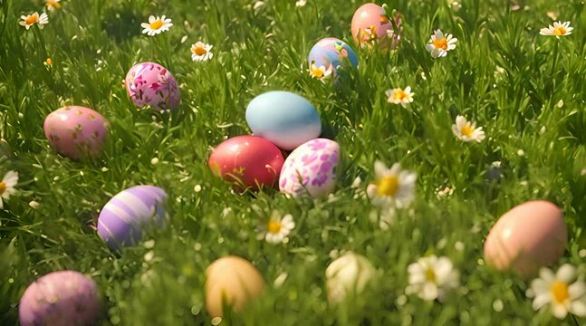 Painted Easter eggs on the grass Easter eggs for hunt Sunny positive climate Beautiful surroundings and cheerful animation Spring sunlight and fresh flowers in the wind