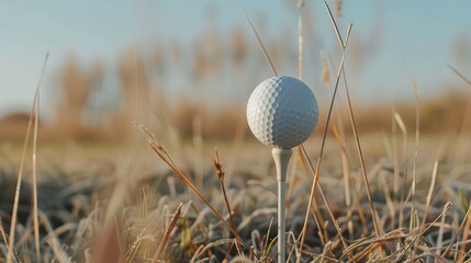 A golf ball positioned on a tee, ready to be struck.