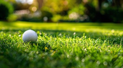 A golf ball positioned on green grass, with selective focus.
