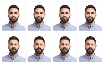 Passport photo, collage. Man on white background, set of photos